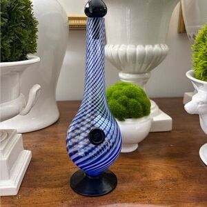 Vintage blue and white swirl blown glass Pasabahce 10” bottle with stopper